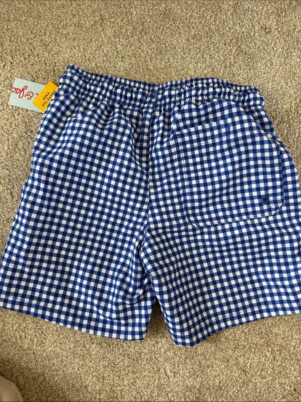 NWT Boys Blue Gingham Swim Shorts with lining and back pocket size small 6/7